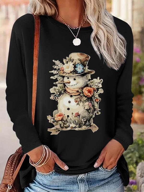 Snowman Print Round Neck Casual Long Sleeve Crew Neck Fall & Winter Clothes Daily T-Shirts, Hoodie, Sweatshirt - T-Shirt, Sweatshirt, Hoodie