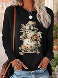 Snowman Print Round Neck Casual Long Sleeve Crew Neck Fall & Winter Clothes Daily T-Shirts, Hoodie, Sweatshirt - T-Shirt, Sweatshirt, Hoodie