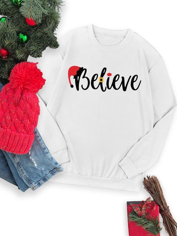 Themed Letter & Cartoon Print Drop Shoulder Casual Long Sleeve Round Neck Daily Fall & Winter Clothes T-Shirts, Hoodie, Sweatshirt - T-Shirt, Sweatshirt, Hoodie