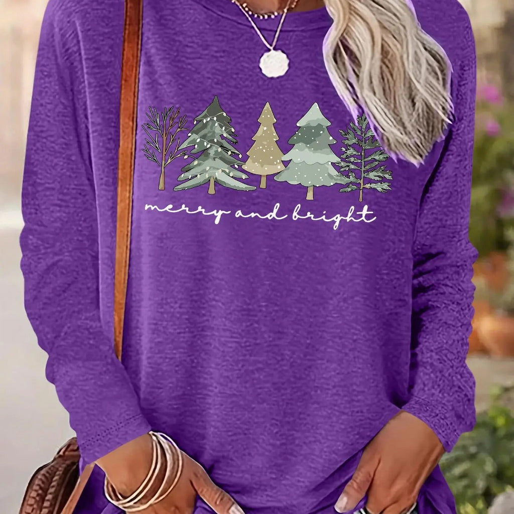 Tree & Letter Print Crew Neck Casual Long Sleeve Fall & Winter Top Daily T-Shirts, Hoodie, Sweatshirt - T-Shirt, Sweatshirt, Hoodie