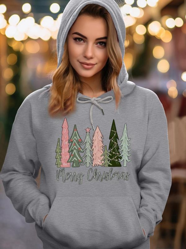 Tree & Letter Print Drawstring Pocket Casual Long Sleeve Hooded Fall & Winter Clothes Daily T-Shirts, Hoodie, Sweatshirt - T-Shirt, Sweatshirt, Hoodie