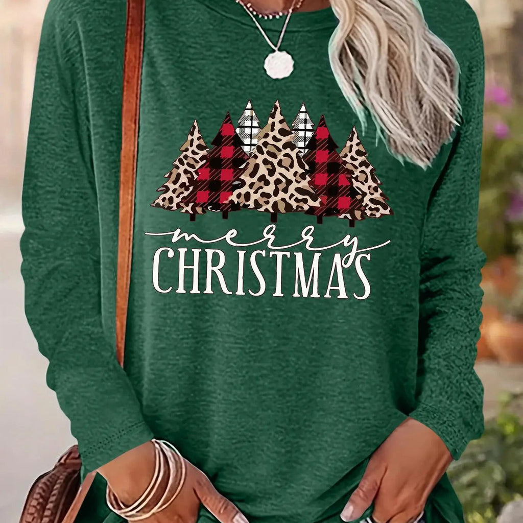 Tree & Letter Print Drop Shoulder Casual Long Sleeve Round Neck Daily Fall & Winter Clothes T-Shirts, Hoodie, Sweatshirt - T-Shirt, Sweatshirt, Hoodie