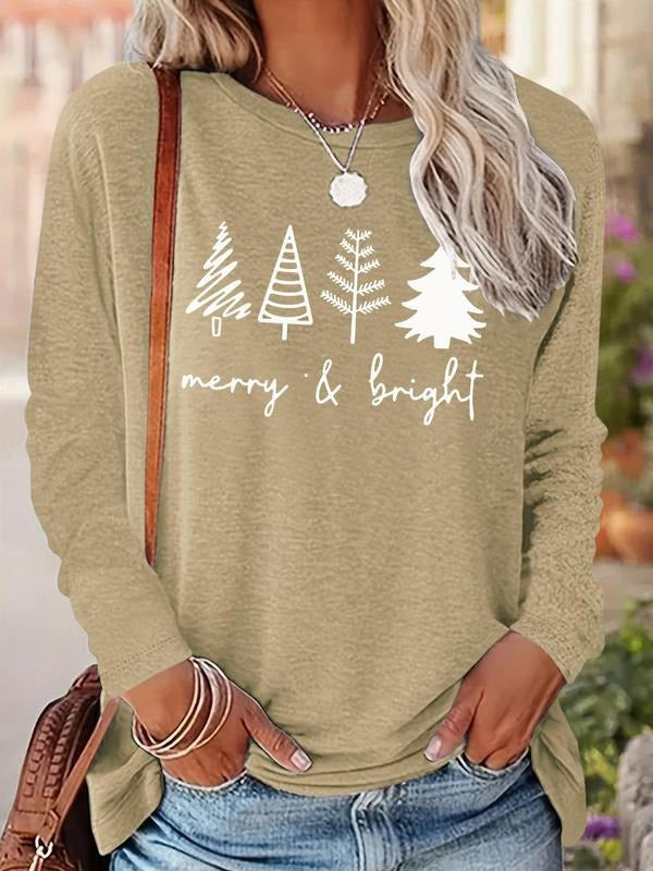 Tree & Letter Print Drop Shoulder Casual Long Sleeve Round Neck Fall & Winter Clothes Daily T-Shirts, Hoodie, Sweatshirt - T-Shirt, Sweatshirt, Hoodie