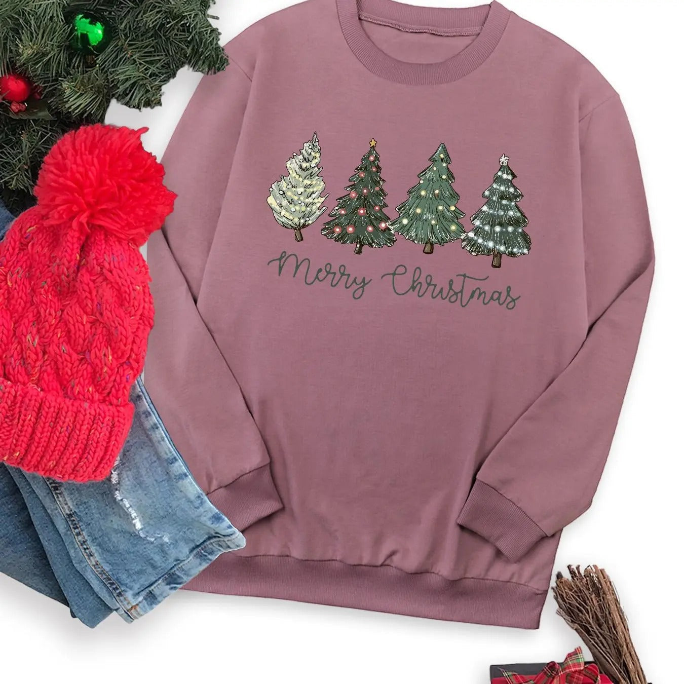 Tree & Letter Print Round Neck Casual Long Sleeve Crew Neck Fall & Winter Clothes Daily T-Shirts, Hoodie, Sweatshirt - T-Shirt, Sweatshirt, Hoodie
