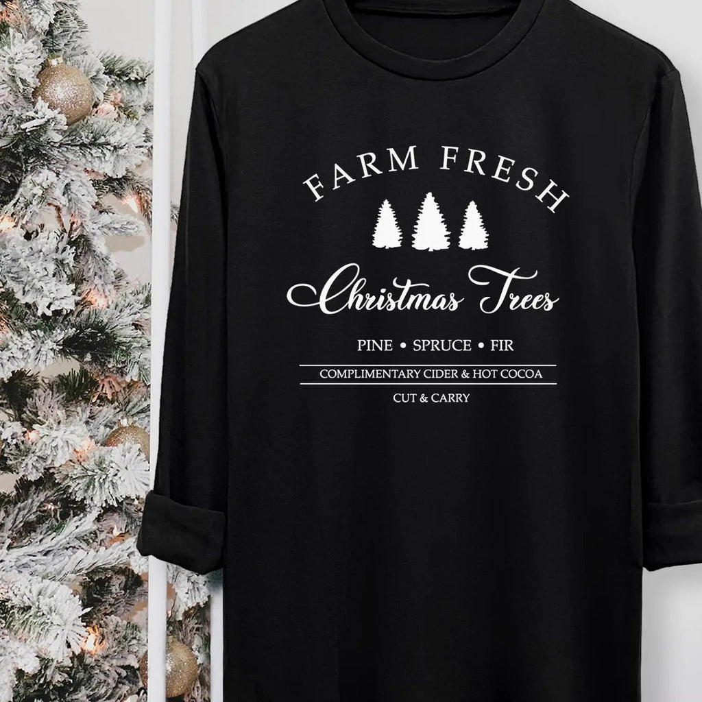 Tree & Letter Print Round Neck Casual Long Sleeve Crew Neck Fall & Winter Top Daily Wearstyle{N002}2 T-Shirts, Hoodie, Sweatshirt - T-Shirt, Sweatshirt, Hoodie