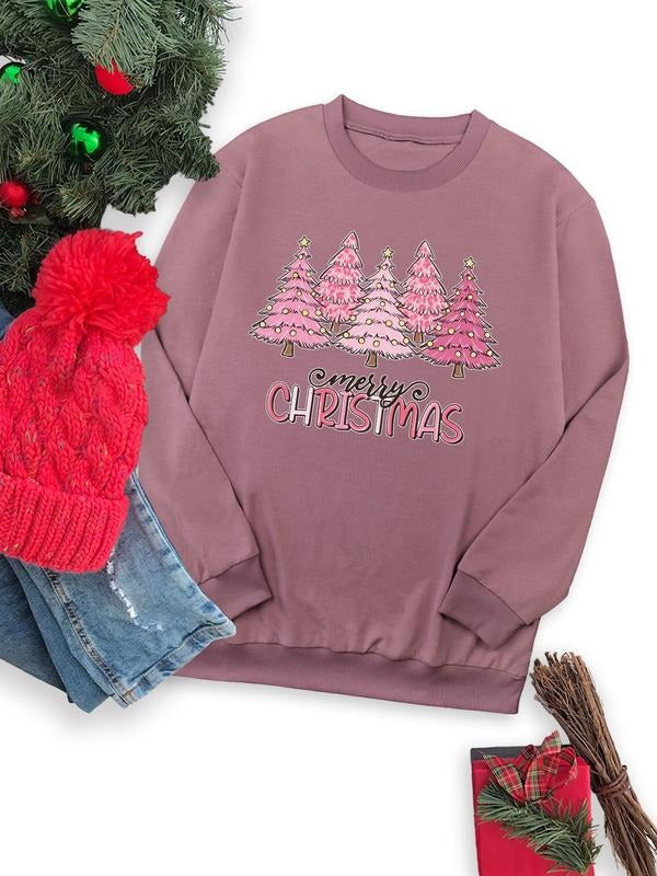 Tree Print Drop Shoulder Casual Letter Print Long Sleeve Round Neck Fall & Winter Clothes Daily T-Shirts, Hoodie, Sweatshirt - T-Shirt, Sweatshirt, Hoodie
