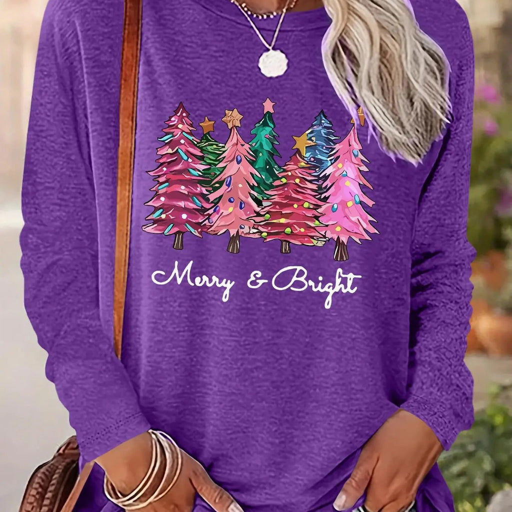 Tree Print Drop Shoulder Casual Long Sleeve Round Neck Daily Fall & Winter Clothes T-Shirts, Hoodie, Sweatshirt - T-Shirt, Sweatshirt, Hoodie