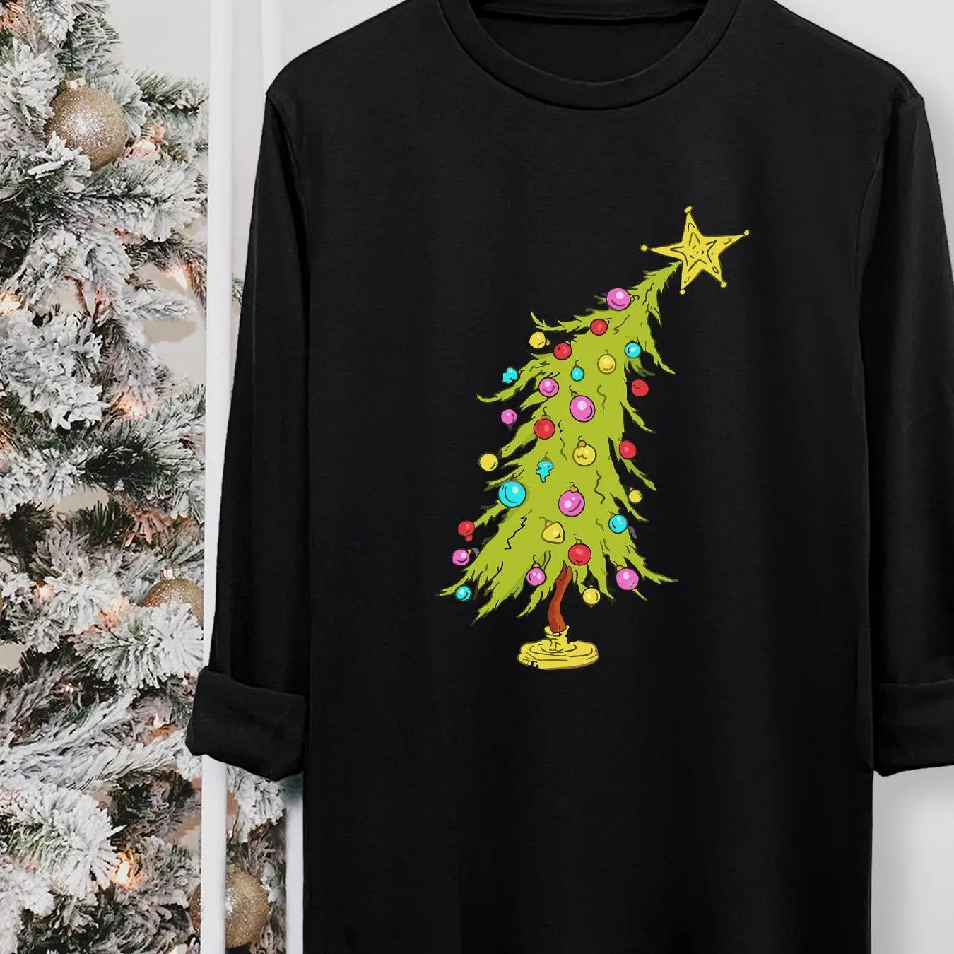 Tree Print Round Neck Casual Long Sleeve Crew Neck Fall & Winter Top Daily Wearstyle{N002}2 T-Shirts, Hoodie, Sweatshirt - T-Shirt, Sweatshirt, Hoodie