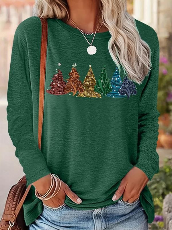 Tree Print Round Neck Casual Long Sleeve Fall & Winter Clothes Daily T-Shirts, Hoodie, Sweatshirt - T-Shirt, Sweatshirt, Hoodie