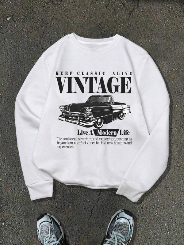 Classic Car Print Crew Neck Casual Long Sleeve Fall & Winter Clothes Daily T-Shirts, Hoodie, Sweatshirt - T-Shirt, Sweatshirt, Hoodie