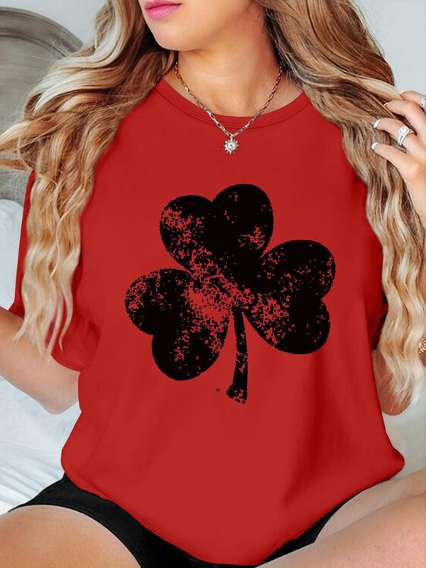 Clover Print Round Neck Casual Crew Neck Daily Vacation Outdoor Clothes Summer T-Shirts, Hoodie, Sweatshirt - T-Shirt, Sweatshirt, Hoodie