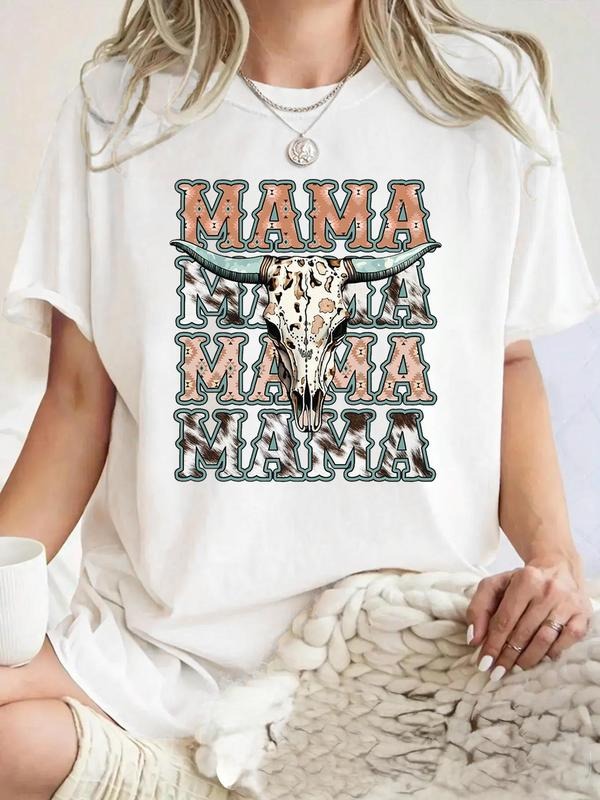 Cow Head & Bull Skull Print Round Neck Vintage Casual Short Sleeve Daily Summer Top T-Shirts, Hoodie, Sweatshirt - T-Shirt, Sweatshirt, Hoodie