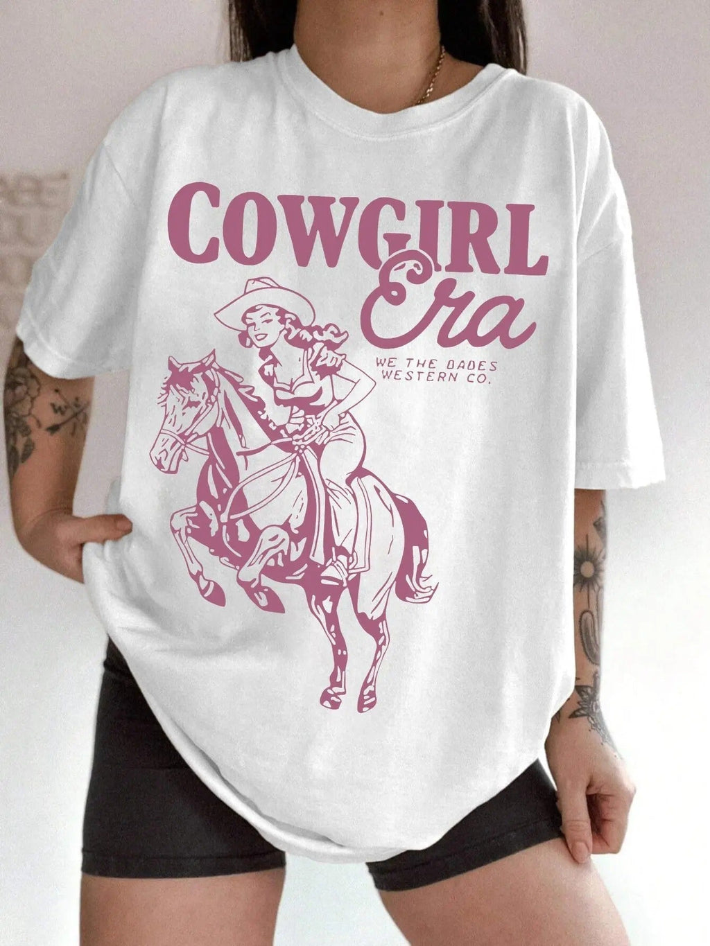 Cowgirl & Letter Print Drop Shoulder Casual Half Sleeve Round Neck Summer Top Daily T-Shirts, Hoodie, Sweatshirt - T-Shirt, Sweatshirt, Hoodie