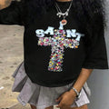 Cross & Letter Print Round Neck Vintage Casual Half Sleeve Daily All Seasons Clothes T-Shirts, Hoodie, Sweatshirt - T-Shirt, Sweatshirt, Hoodie