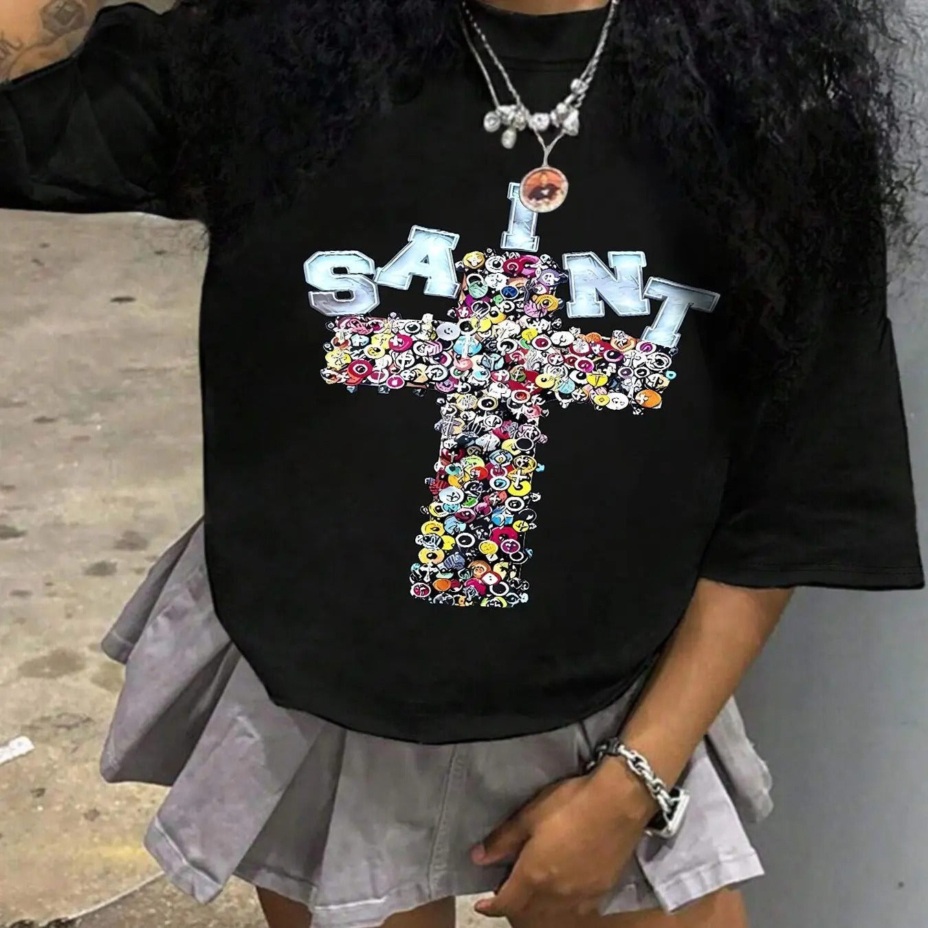 Cross & Letter Print Round Neck Vintage Casual Half Sleeve Daily All Seasons Clothes T-Shirts, Hoodie, Sweatshirt - T-Shirt, Sweatshirt, Hoodie