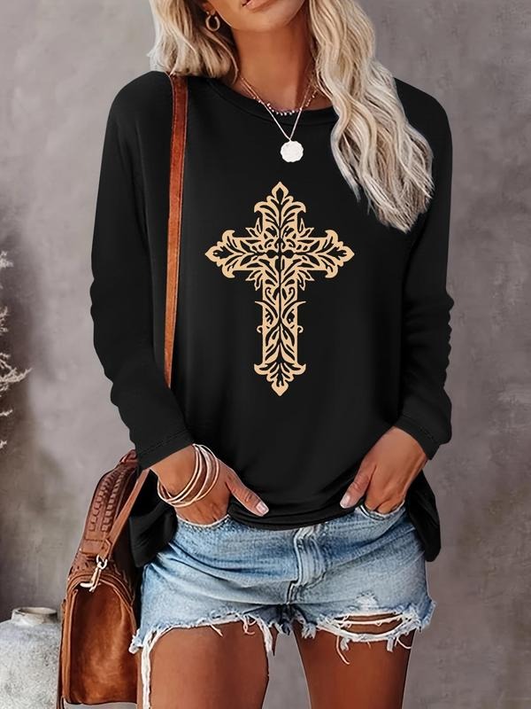 Cross Print Round Neck Casual Long Sleeve Crew Neck Spring & Fall Top Daily T-Shirts, Hoodie, Sweatshirt - T-Shirt, Sweatshirt, Hoodie