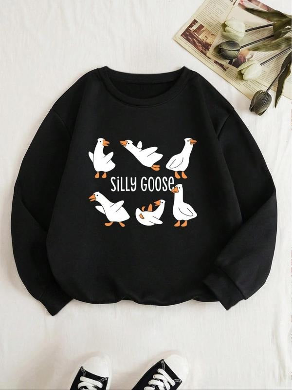 Cute Goose Print Drop Shoulder Long Sleeve Round Neck Casual Crew Neck Daily Fall & Winter Tops Clothes Comfort Lady Womenswear T-Shirts, Hoodie, Sweatshirt - T-Shirt, Sweatshirt, Hoodie