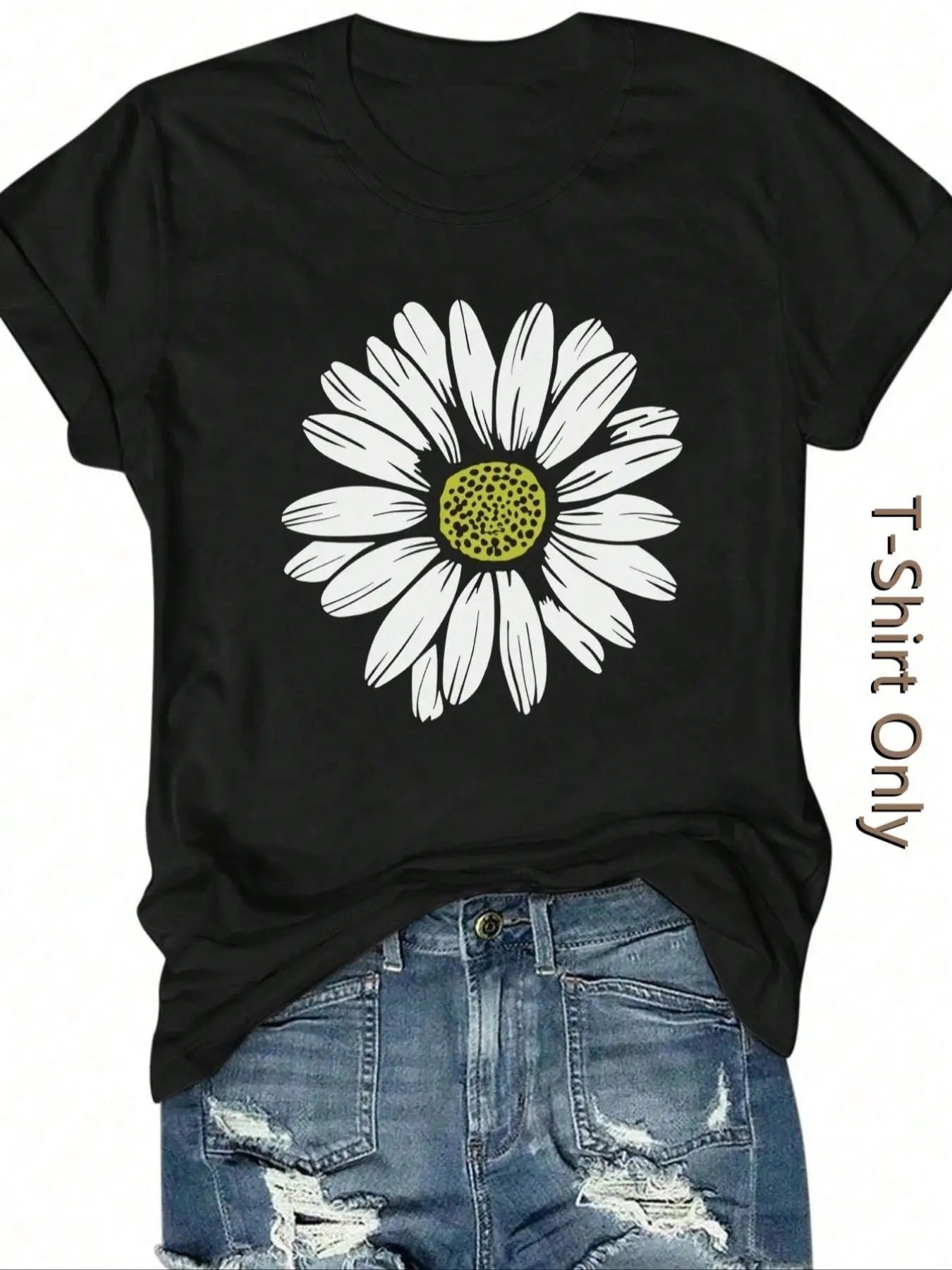 Daisy Print Round Neck Casual Short Sleeve Crew Neck Summer Top Daily T-Shirts, Hoodie, Sweatshirt - T-Shirt, Sweatshirt, Hoodie