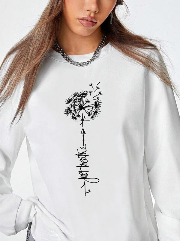 Dandelion & Letter Print Drop Shoulder Casual Long Sleeve Round Neck Fall & Winter Clothes Daily T-Shirts, Hoodie, Sweatshirt - T-Shirt, Sweatshirt, Hoodie