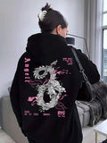 Dragon & Letter Print Drop Shoulder Casual Drawstring Pocket Hooded Daily Outdoor Fall & Winter T-Shirts, Hoodie, Sweatshirt - T-Shirt, Sweatshirt, Hoodie