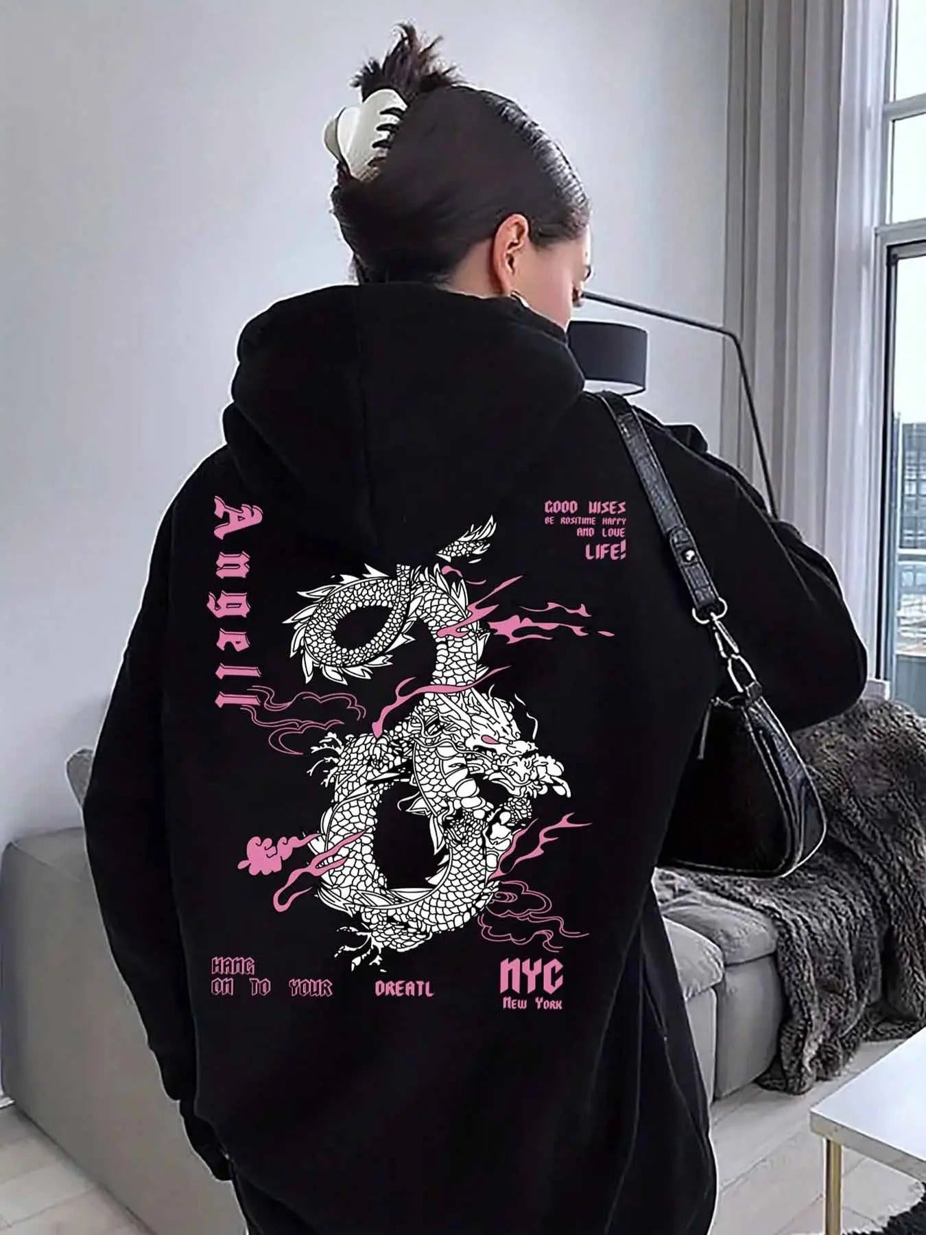Dragon & Letter Print Drop Shoulder Casual Drawstring Pocket Hooded Daily Outdoor Fall & Winter T-Shirts, Hoodie, Sweatshirt - T-Shirt, Sweatshirt, Hoodie