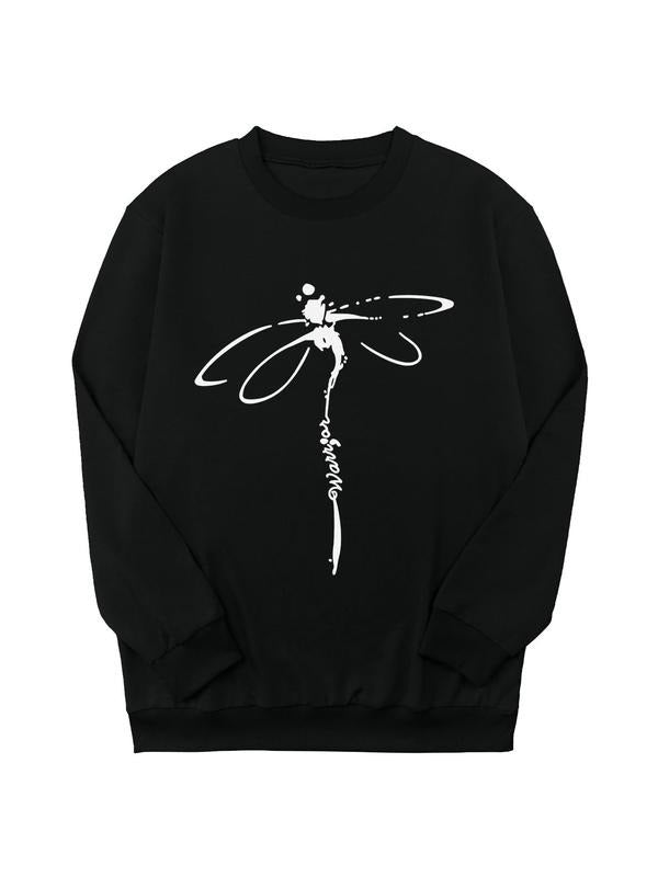 Dragonfly & Letter Print Drop Shoulder Casual Long Sleeve Round Neck Daily All Seasons T-Shirts, Hoodie, Sweatshirt - T-Shirt, Sweatshirt, Hoodie