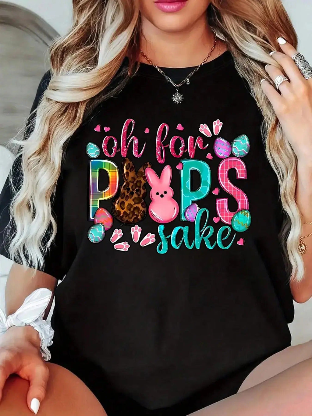 Easter Cartoon Rabbit & Letter Print Round Neck Short Sleeve Casual Crew Neck Daily Vacation Outdoor Clothes All Seasons T-Shirts, Hoodie, Sweatshirt - T-Shirt, Sweatshirt, Hoodie