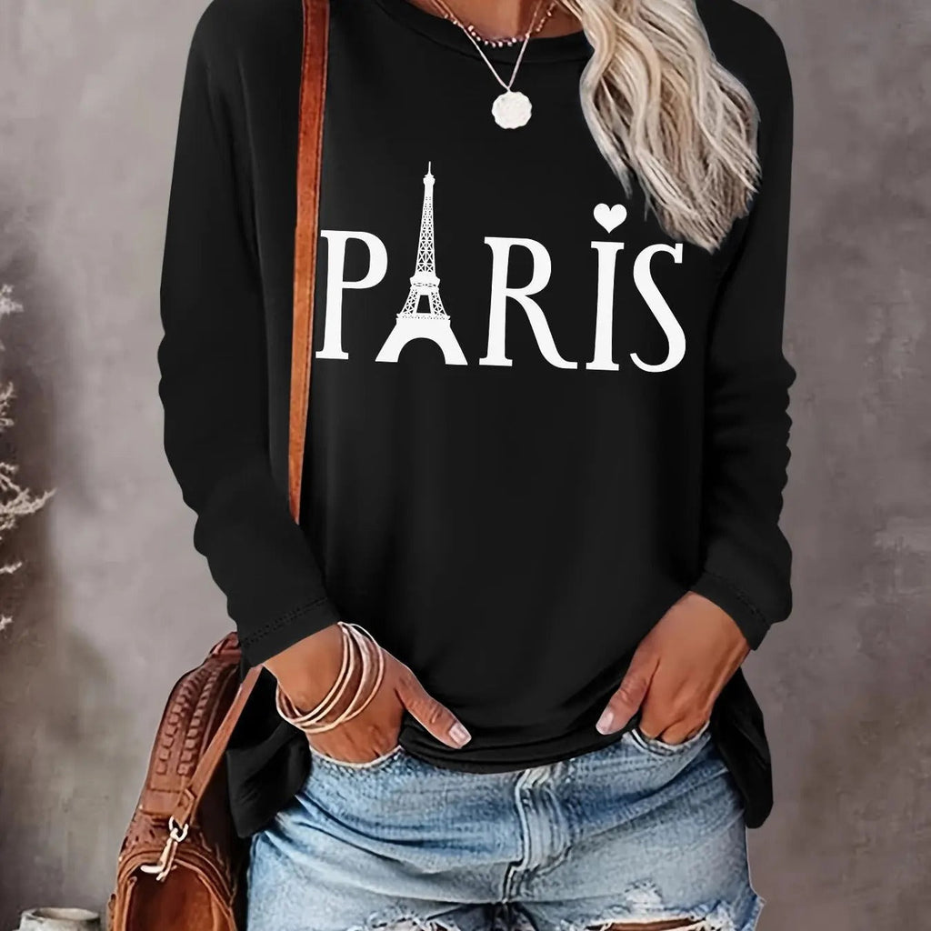 Eiffel Tower & Letter Print Drop Shoulder Casual Long Sleeve Round Neck Daily Clothes All Seasons T-Shirts, Hoodie, Sweatshirt - T-Shirt, Sweatshirt, Hoodie