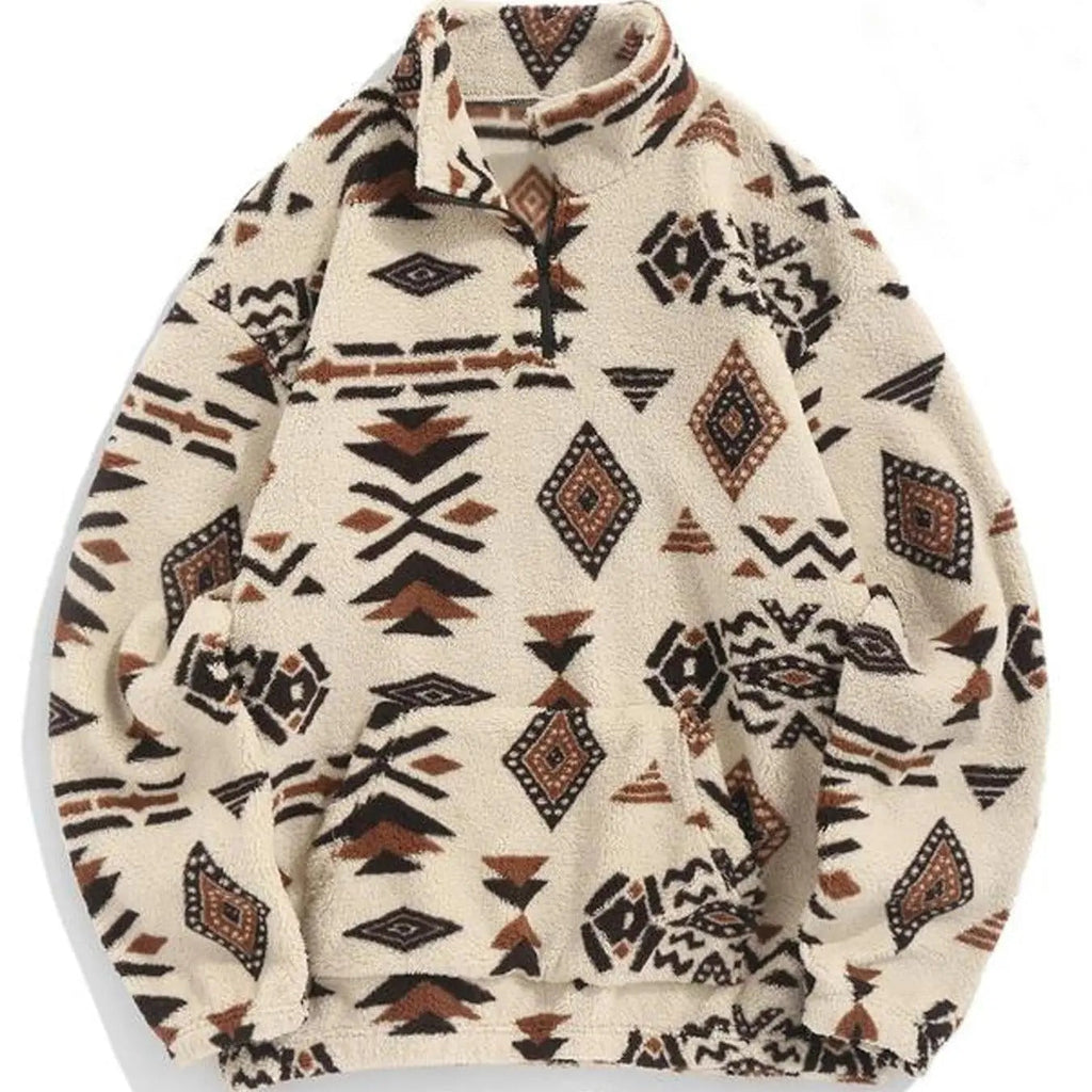 Ethnic Pattern Pocket Zip Up Fuzzy Casual Long Sleeve Collared Fall & Winter Clothes Daily T-Shirts, Hoodie, Sweatshirt - T-Shirt, Sweatshirt, Hoodie