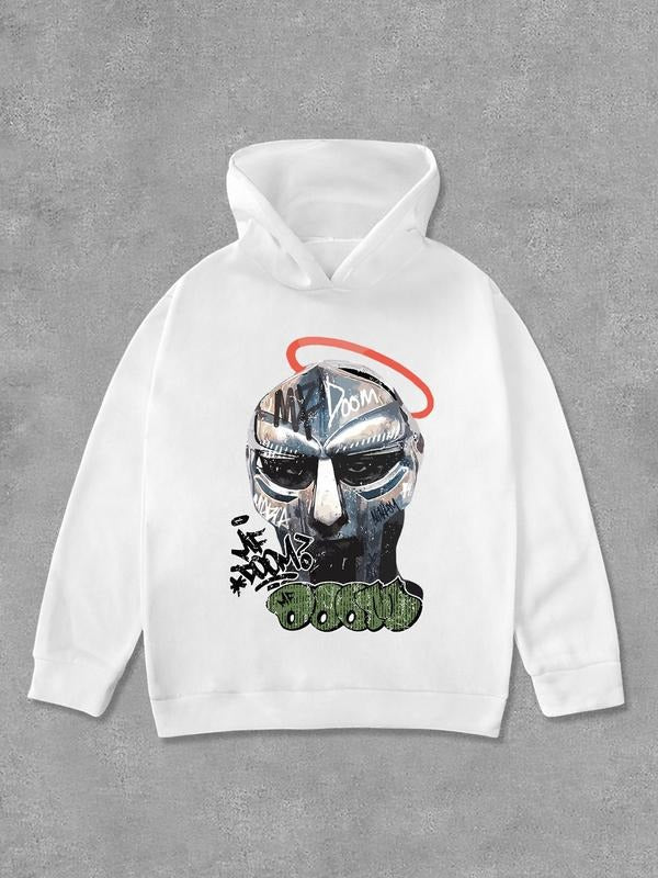 Face Print Drop Shoulder Casual Long Sleeve Hooded Daily Outdoor Fall & Winter T-Shirts, Hoodie, Sweatshirt - T-Shirt, Sweatshirt, Hoodie