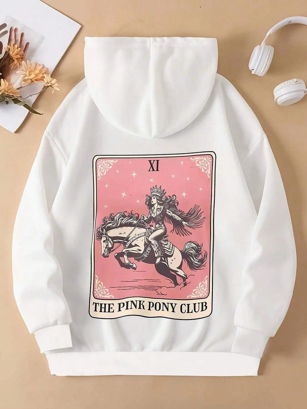 Figure & Horse Print Drop Shoulder Casual Drawstring Pocket Hooded Daily Outdoor Fall & Winter T-Shirts, Hoodie, Sweatshirt - T-Shirt, Sweatshirt, Hoodie