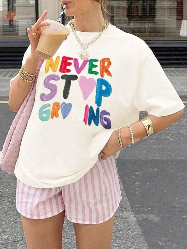 Figure & Letter Print Round Neck Vintage Casual Short Sleeve Daily Summer Top T-Shirts, Hoodie, Sweatshirt - T-Shirt, Sweatshirt, Hoodie