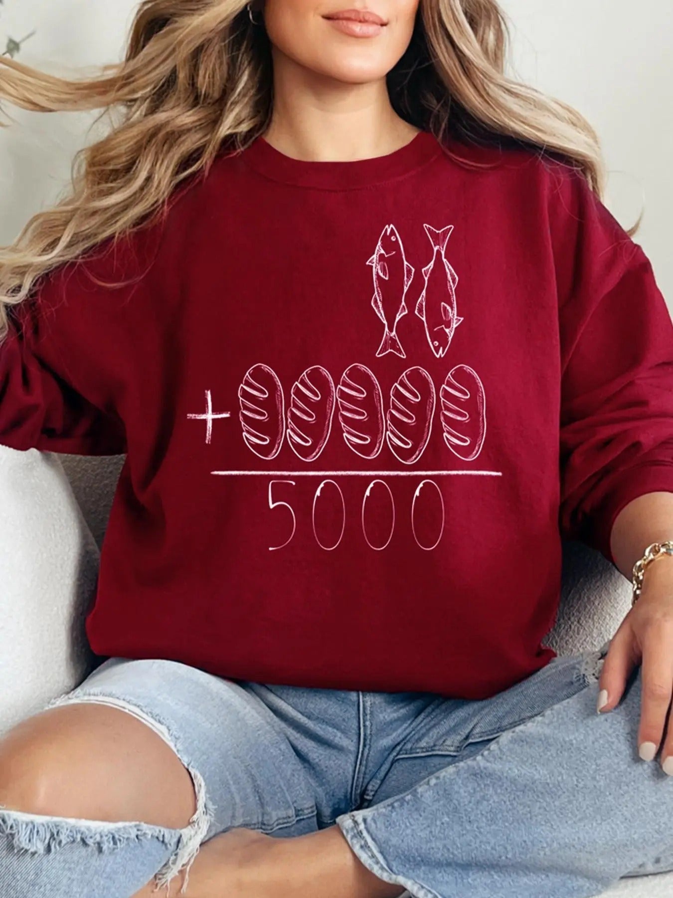 Fish & Bread & Number Print Crew Neck Casual Long Sleeve Fall & Winter Clothes Daily T-Shirts, Hoodie, Sweatshirt - T-Shirt, Sweatshirt, Hoodie