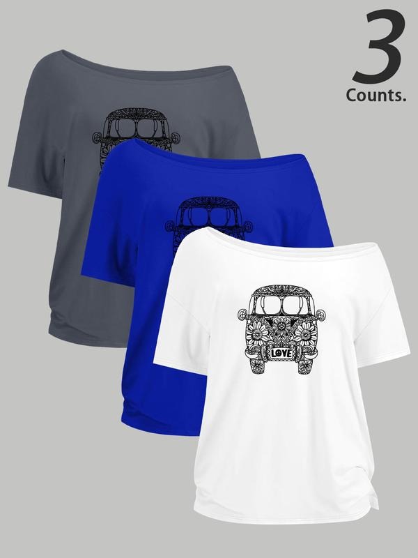 Floral & Car Print One Shoulder Casual Skull Print Short Sleeve Daily Clothes All Seasons Top T-Shirts, Hoodie, Sweatshirt - T-Shirt, Sweatshirt, Hoodie