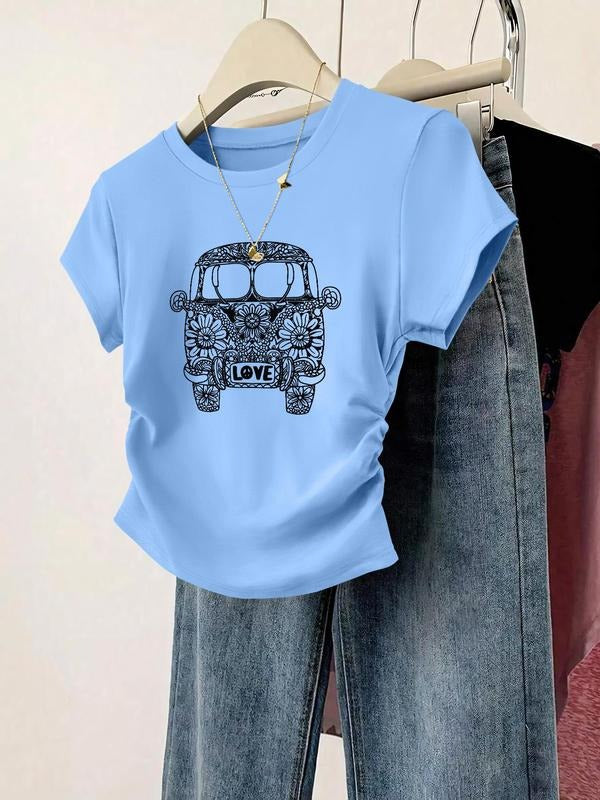Floral & Car Print Round Neck Casual Short Sleeve Crew Neck Daily Clothes All Seasons Top T-Shirts, Hoodie, Sweatshirt - T-Shirt, Sweatshirt, Hoodie