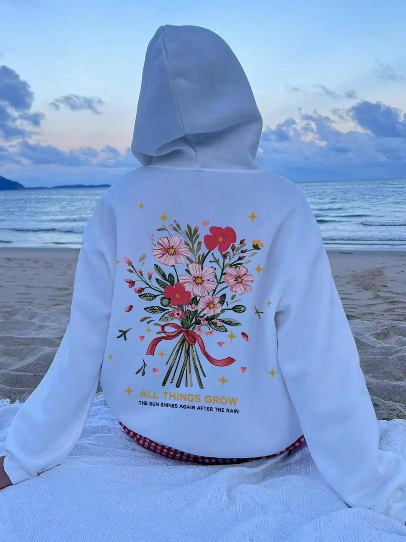 Floral & Letter Print Drop Shoulder Casual Drawstring Pocket Hooded Daily Outdoor Clothes All Seasons T-Shirts, Hoodie, Sweatshirt - T-Shirt, Sweatshirt, Hoodie