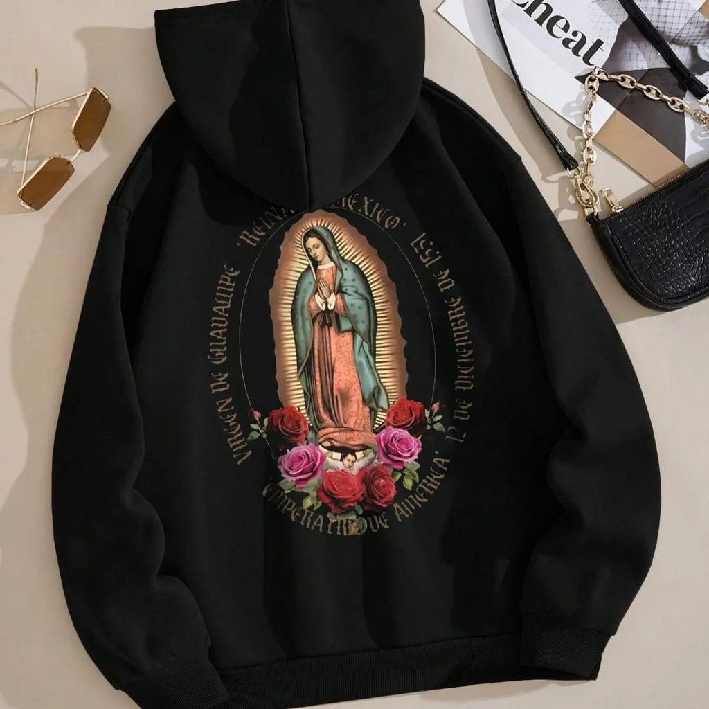 Floral & Letter Print Drop Shoulder Casual Drawstring Pocket Hooded Daily Outdoor Fall & Winter T-Shirts, Hoodie, Sweatshirt - T-Shirt, Sweatshirt, Hoodie