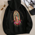 Floral & Letter Print Drop Shoulder Casual Drawstring Pocket Hooded Daily Outdoor Fall & Winter T-Shirts, Hoodie, Sweatshirt - T-Shirt, Sweatshirt, Hoodie
