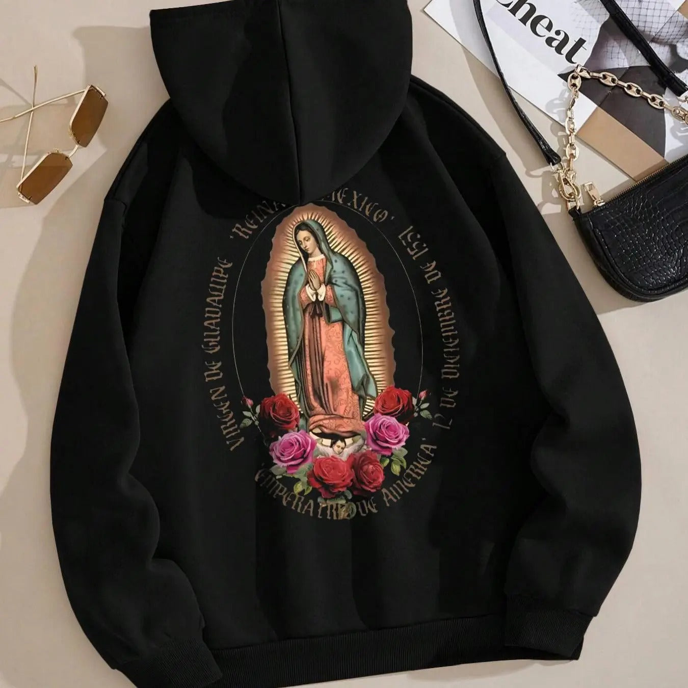 Floral & Letter Print Drop Shoulder Casual Drawstring Pocket Hooded Daily Outdoor Fall & Winter T-Shirts, Hoodie, Sweatshirt - T-Shirt, Sweatshirt, Hoodie
