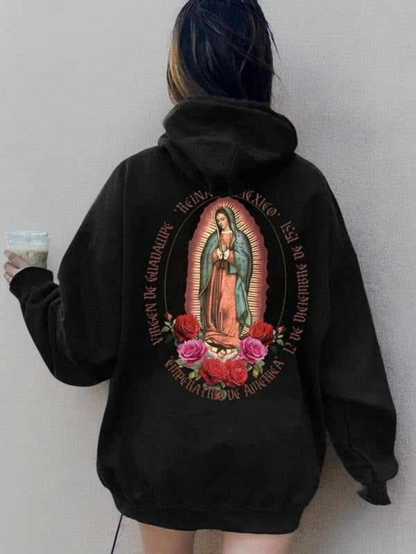 Floral & Letter Print Drop Shoulder Casual Figure Print Drawstring Pocket Hooded Daily Outdoor Clothes Spring & Fall T-Shirts, Hoodie, Sweatshirt - T-Shirt, Sweatshirt, Hoodie