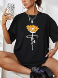 Floral & Letter Print Drop Shoulder Casual Half Sleeve Round Neck Summer Top Daily T-Shirts, Hoodie, Sweatshirt - T-Shirt, Sweatshirt, Hoodie
