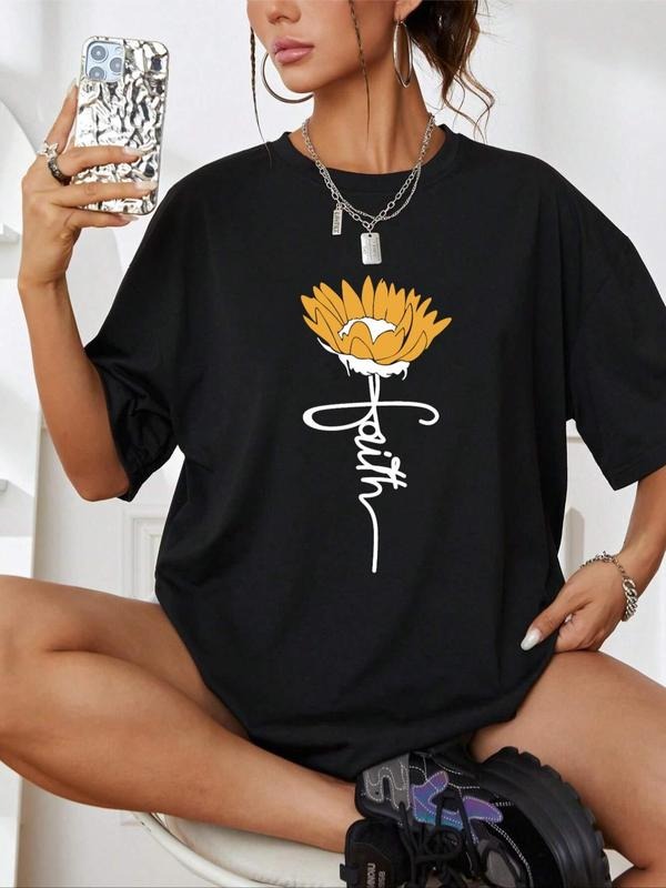 Floral & Letter Print Drop Shoulder Casual Half Sleeve Round Neck Summer Top Daily T-Shirts, Hoodie, Sweatshirt - T-Shirt, Sweatshirt, Hoodie