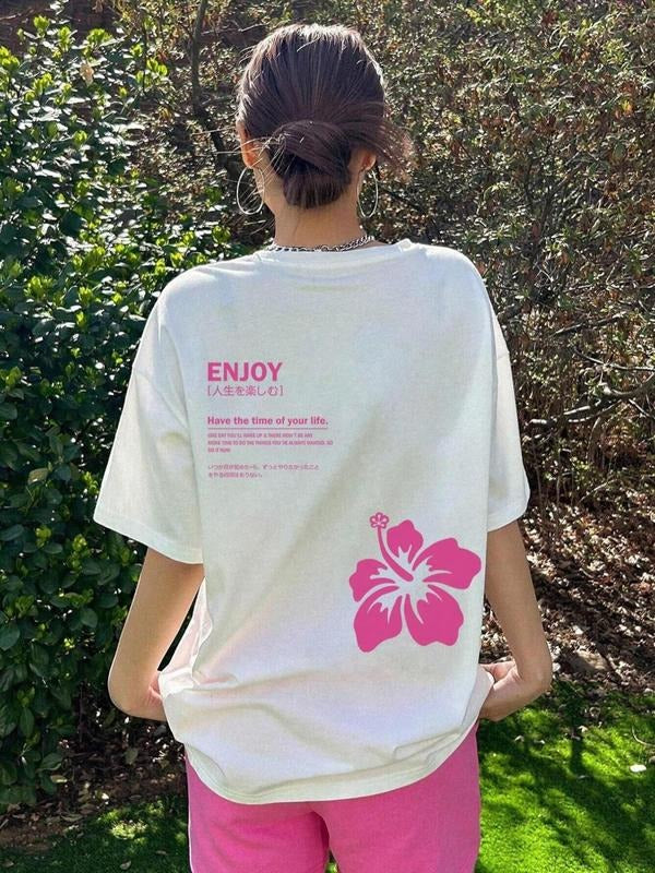 Floral & Letter Print Drop Shoulder Casual Half Sleeve Round Neck Summer Clothes Daily T-Shirts, Hoodie, Sweatshirt - T-Shirt, Sweatshirt, Hoodie