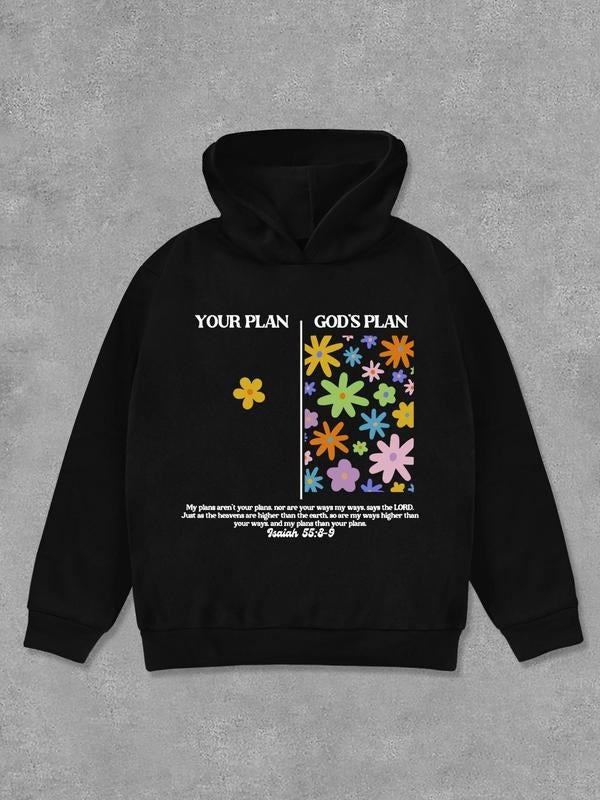 Floral & Letter Print Casual Long Sleeve Hooded Daily Outdoor Fall & Winter T-Shirts, Hoodie, Sweatshirt - T-Shirt, Sweatshirt, Hoodie