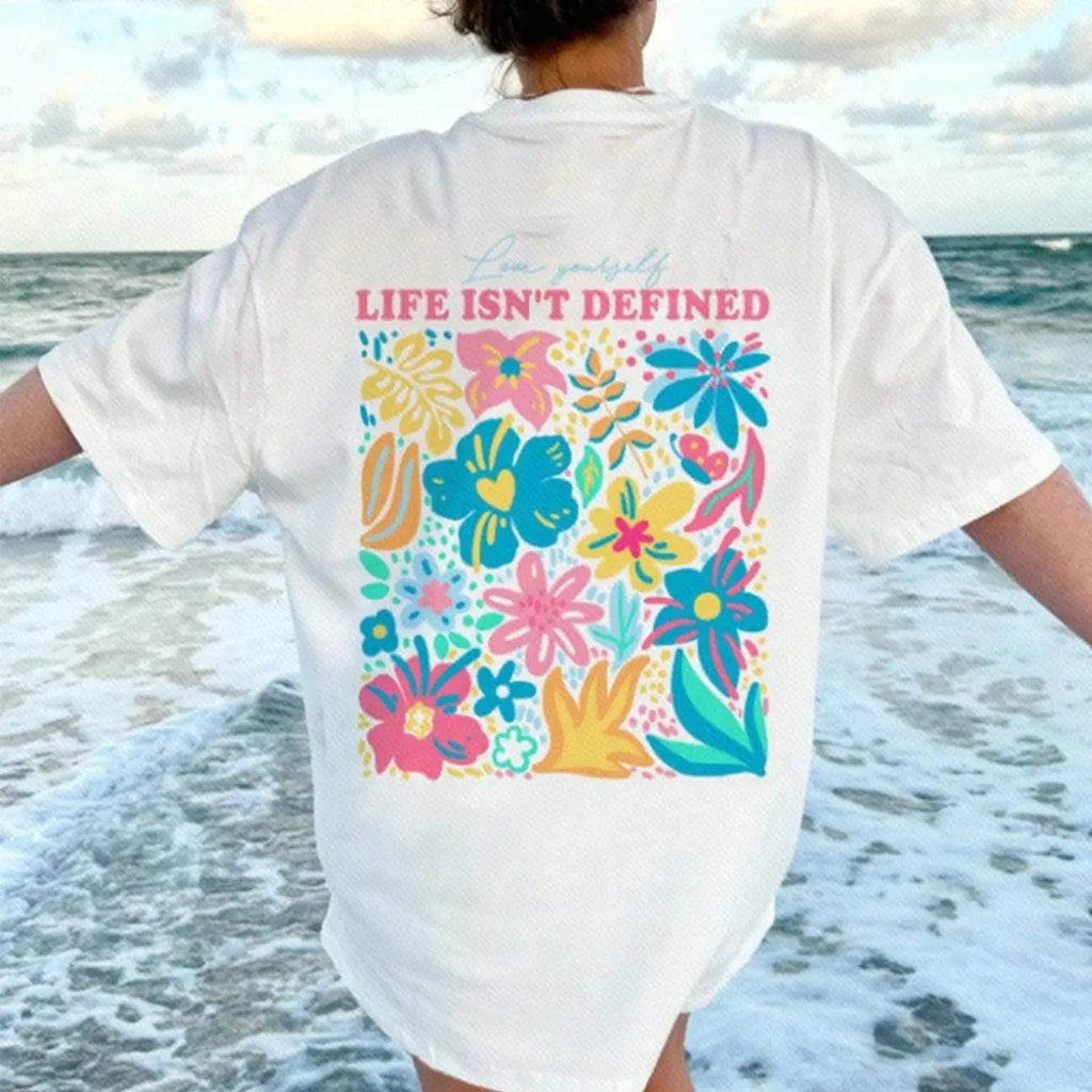 Floral & Letter Print Round Neck Casual Drop Shoulder Short Sleeve Summer Clothes Daily T-Shirts, Hoodie, Sweatshirt - T-Shirt, Sweatshirt, Hoodie