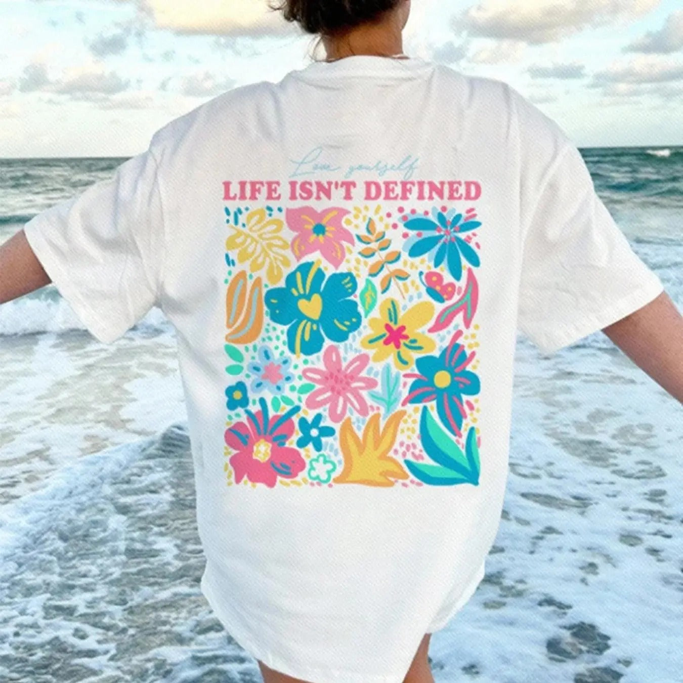 Floral & Letter Print Round Neck Casual Drop Shoulder Short Sleeve Summer Clothes Daily T-Shirts, Hoodie, Sweatshirt - T-Shirt, Sweatshirt, Hoodie