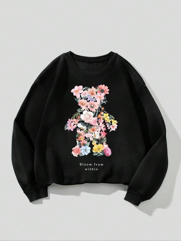 Floral Print Bear Drop Shoulder Casual Long Sleeve Crew Neck Daily Fall & Winter Clothes T-Shirts, Hoodie, Sweatshirt - T-Shirt, Sweatshirt, Hoodie