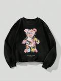 Floral Print Bear Drop Shoulder Casual Long Sleeve Crew Neck Daily Fall & Winter Clothes T-Shirts, Hoodie, Sweatshirt - T-Shirt, Sweatshirt, Hoodie