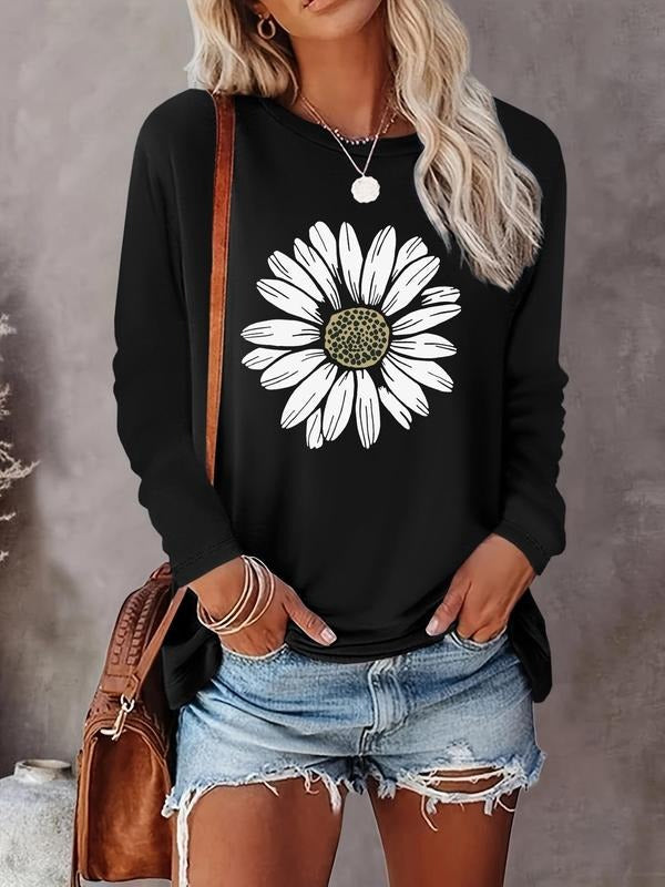 Floral Print Round Neck Casual Long Sleeve Crew Neck Fall & Winter Top Daily T-Shirts, Hoodie, Sweatshirt - T-Shirt, Sweatshirt, Hoodie
