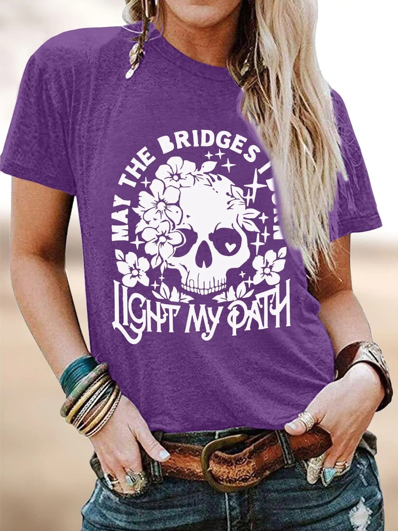 Floral Skull & Letter Print Round Neck Casual Short Sleeve Daily Vacation Outdoor Clothes Summer T-Shirts, Hoodie, Sweatshirt - T-Shirt, Sweatshirt, Hoodie